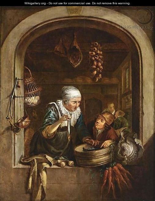 A woman showing a herring to a boy in a window - (after) Dominicus Van ...