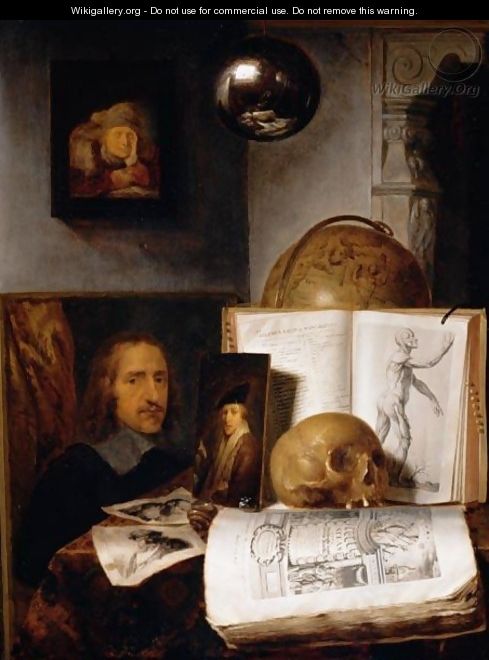 Still Life Of Books, Prints, Paintings, A Skull, Shell And A Globe Upon ...