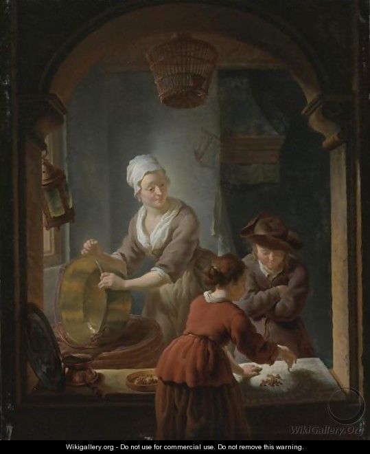An Interior With A Kitchen Maid Cleaning A Copper Pot And A Youth And ...