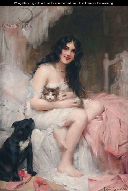 Beauty In Bed With Kitten And Black Dog - Leon Francois Comerre