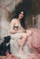 Beauty In Bed With Kitten And Black Dog - Leon Francois Comerre