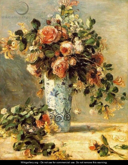 Roses And Jasmine In A Delft Vase - Pierre Auguste Renoir