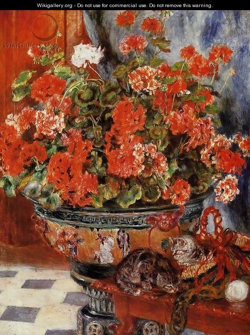 Geraniums And Cats - Pierre Auguste Renoir