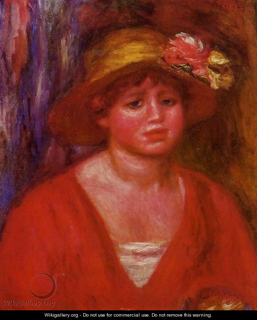 Bust Of A Young Woman In A Red Blouse - Pierre Auguste Renoir