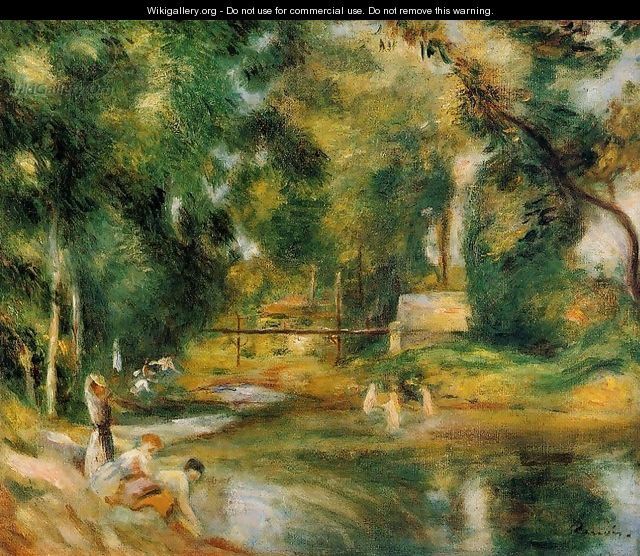 Essoyes Landscape Washerwoman And Bathers - Pierre Auguste Renoir