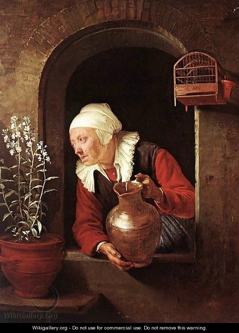 Old Woman Watering Flowers - Gerrit Dou