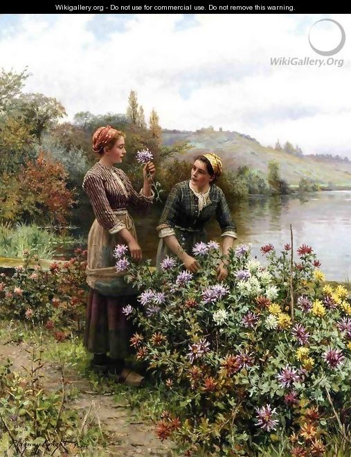 Peasant Girls In Flower Garden - Daniel Ridgway Knight