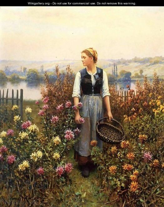 Girl With A Basket In A Garden - Daniel Ridgway Knight