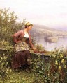 Brittany Girl Overlooking Stream - Daniel Ridgway Knight