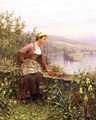 Brittany Girl Overlooking Stream - Daniel Ridgway Knight