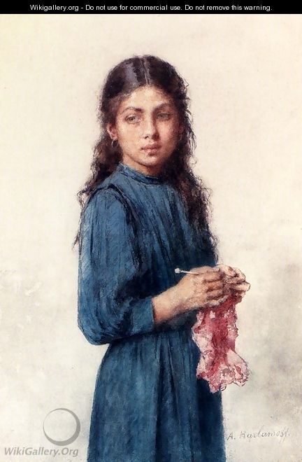 A Young Girl Knitting - Alexei Alexeivich Harlamoff