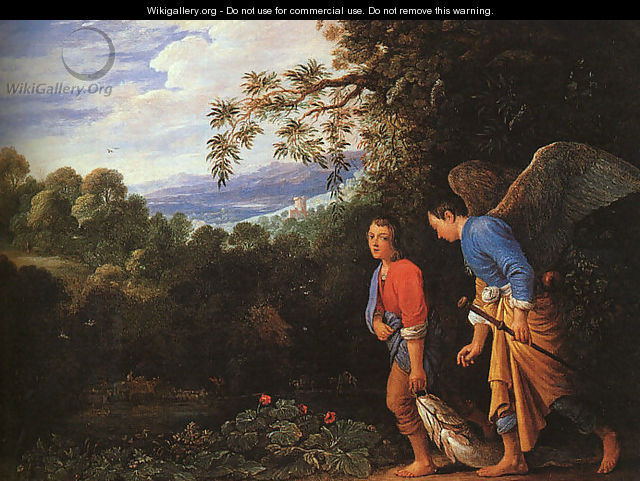 Tobias and the Archangel Raphael Returning with the Fish 1600s - Follwer of Elsheimer Adam