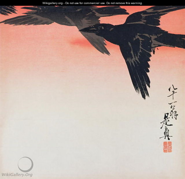 Crows in flight in a red sky - Shibata Zeshin
