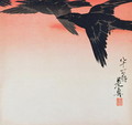 Crows in flight in a red sky - Shibata Zeshin