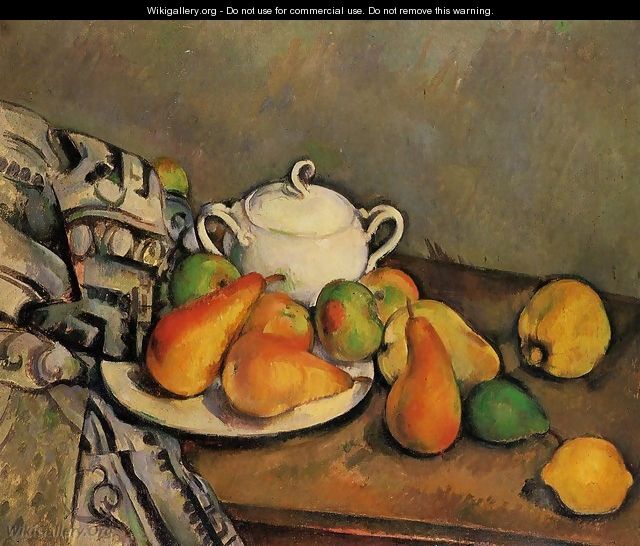 Sugarbowl Pears And Tablecloth - Paul Cezanne