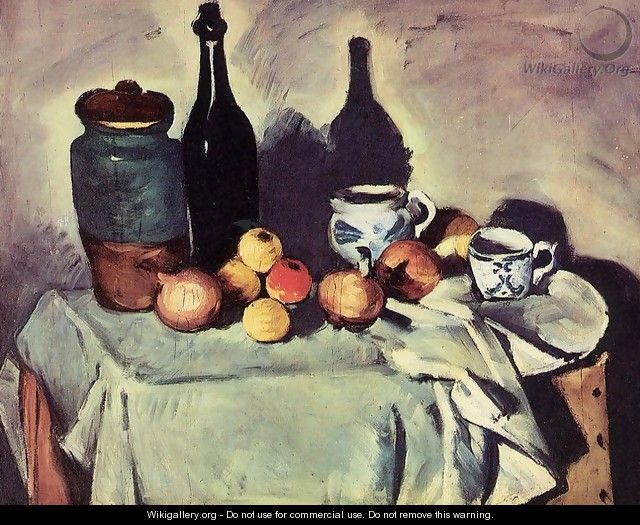 Still Life Post Bottle Cup And Fruit - Paul Cezanne