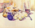 Blue Pot And Bottle Of Wine Aka Still Life With Pears And Apples Covered Blue Jar And A Bottle Of Wine - Paul Cezanne