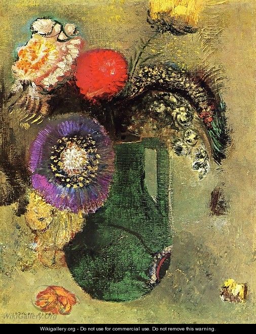 Flowers In Green Vase With Handles - Odilon Redon