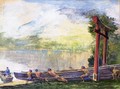 A Torii On Shore Of Lake Chusenji Japan Fishermen Pushing Out Their Boat - John La Farge