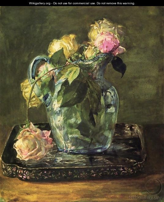 Roses In Blue Crackle Glass Pitcher - John La Farge