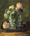 Roses In Blue Crackle Glass Pitcher - John La Farge