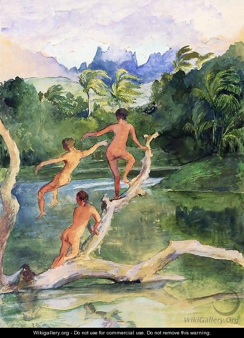 Girls Bathing On The Shore Near Papeete In An Outlet Of The River Fautaua The Diadem Or Crown Mountain In Distance Northwest Wind Blowing Later Afternoon February - John La Farge