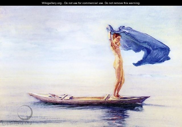 Girl In Bow Of Canoe Spreading Out Her Loin Cloth For A Sail Samoa Aka Fayaway - John La Farge