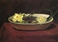 Water Lilies In A White Bowl With Red Table Cover - John La Farge