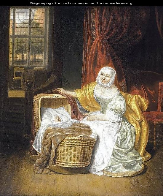 Mother with a Child in a Wicker Cradle - Samuel Van Hoogstraten