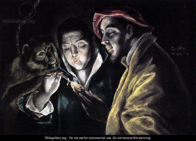 An Allegory with a Boy Lighting a Candle in the Company of an Ape and a Fool (Fábula) 1577-79 - El Greco (Domenikos Theotokopoulos)