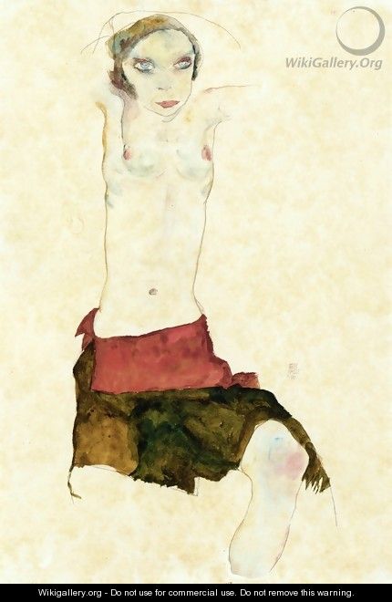Semi-Nude with Colored skirt and Raised Arms - Egon Schiele