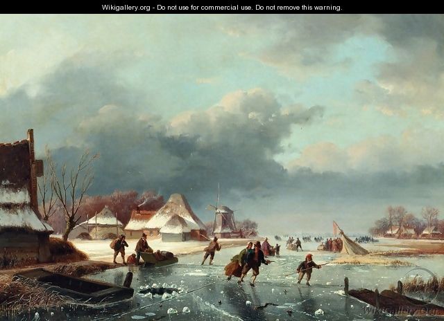 Figures Skating on a Frozen River - Andreas Schelfhout