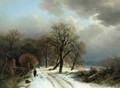 A Figure Walking His Dog on a Path in a Winter Landscape - Barend Cornelis Koekkoek
