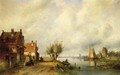 A River Landscape in Summer with Peasants Conversing by Old Houses along a Road, Moored Shipping Across, a Town in the Distance - Charles Henri Leickert