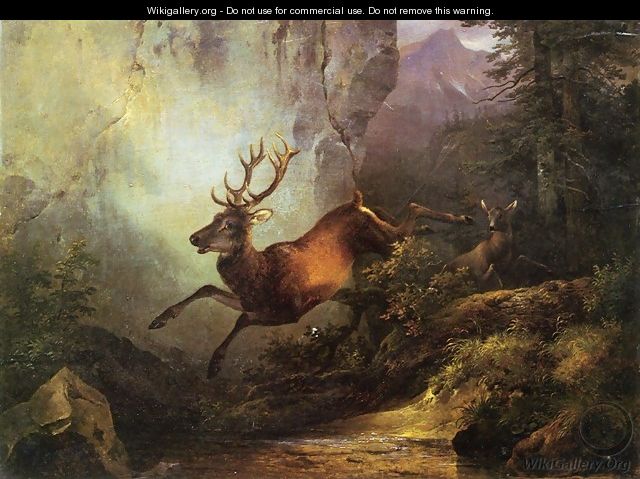 Deer Running through a Forest - Friedrich Gauermann