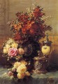 Still Life of Roses and Other Flowers, a Silver-gilt Ostrich Egg Cup and a German Gold-gilt Tankard on a Draped Table in an Interior - Jean-Baptiste Robie