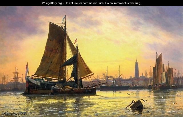 Barges Docking at a Harbour, Antwerp - Charles Euphraisie Kuwasseg