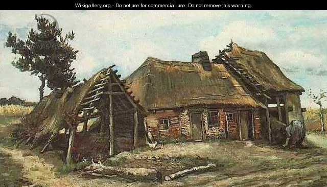 Cottage With Decrepit Barn And Stooping Woman - Vincent Van Gogh