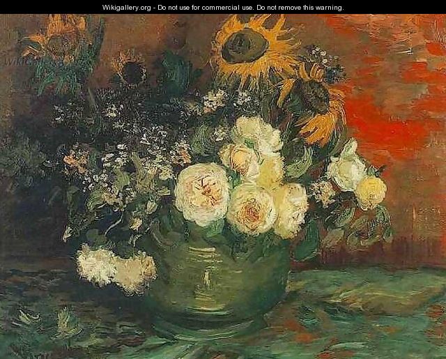 Bowl With Sunflowers Roses And Other Flowers - Vincent Van Gogh