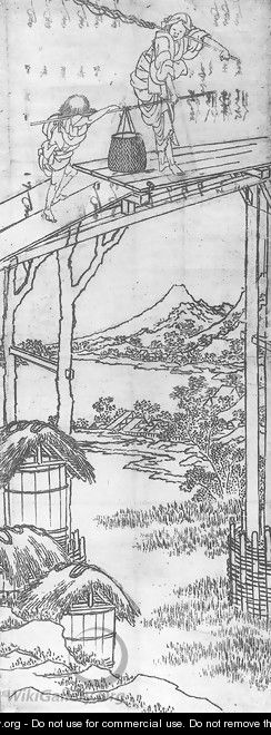 Woman and a Boy Crossing a Bridge - Katsushika Hokusai