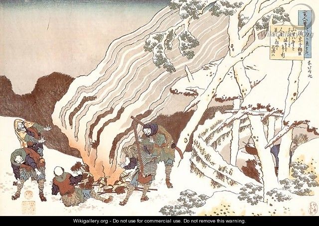 Hunters by a Fire in the Snow (Minamoto no Muneyuki ason) - Katsushika Hokusai