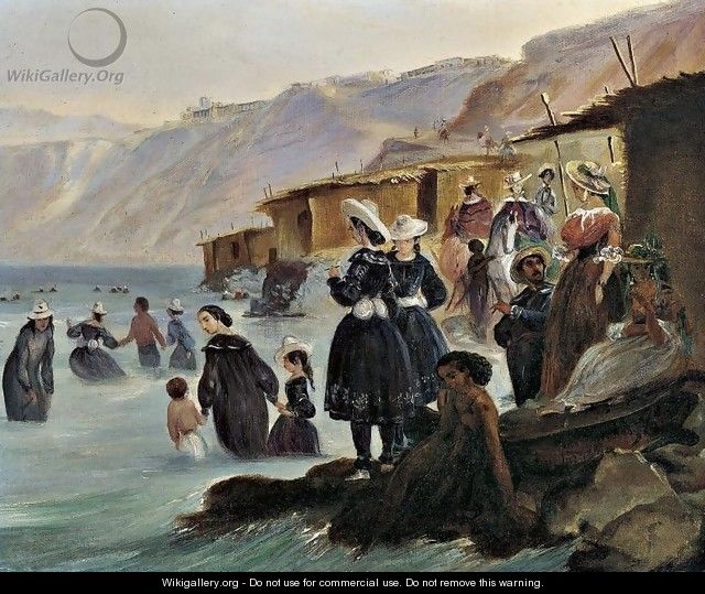 Los banos de Miraflores - Banistas y cabanas en la playa de Chorillos, Lima - Johann Moritz Rugendas