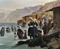 Los banos de Miraflores - Banistas y cabanas en la playa de Chorillos, Lima - Johann Moritz Rugendas