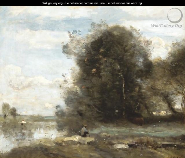 Le pecheur a la ligne. Souvenir des Marais du Nord - Jean-Baptiste-Camille Corot