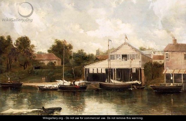 Rivercraft before a Boathouse, Richmond on Thames - A.H. Vickers