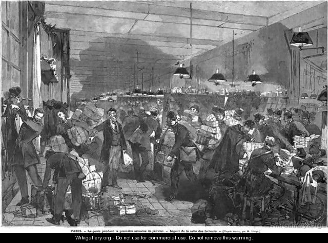 Interior of the Paris post office during the first week of January, the postmen room, engraved by Fortune Louis Meaulle 1844-1901 - Daniel Urrabieta Vierge