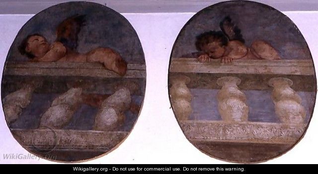 Two winged putti climbing over a balustrade, roundels from the sacristy - Paolo Veronese (Caliari)