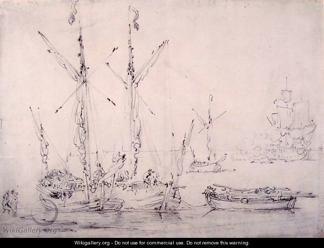 Estuary Scene three Galliots, a Barge and a Frigate firing a Salute, c.1675 - Willem van de, the Younger Velde