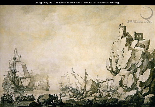 Ships and militia by a rocky shore, c.1680 - Willem van de, the Elder Velde