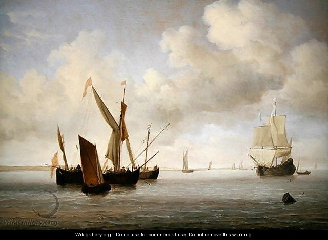 A galjoot and a smalschip at anchor - Willem van de, the Younger Velde
